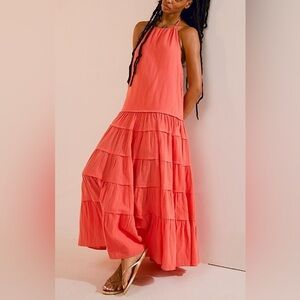 NWOT FREE PEOPLE, Somewhere Sunny Drop Waist Maxi, Large in Radiant (Coral)